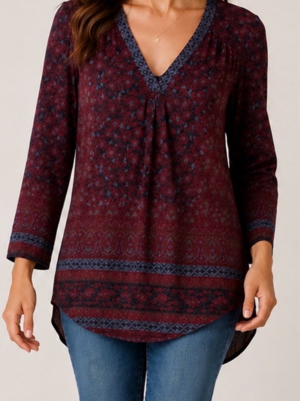Lucky Brand Boho Border Print Cotton Linen Blend V-Neck Top